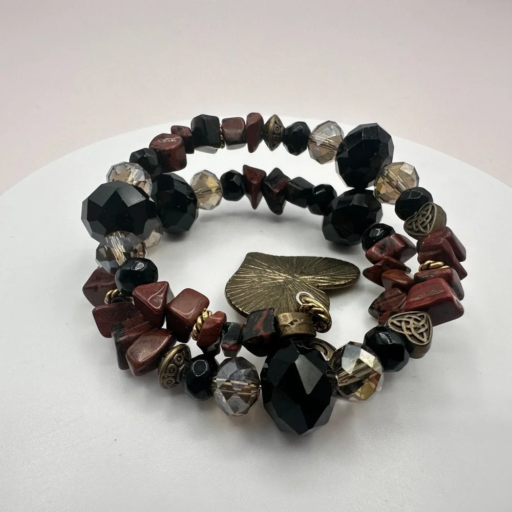 Vintage Y2K Heart of Gold & Love Charm Beaded Wrap Bracelet Women's Jewelry 90s
